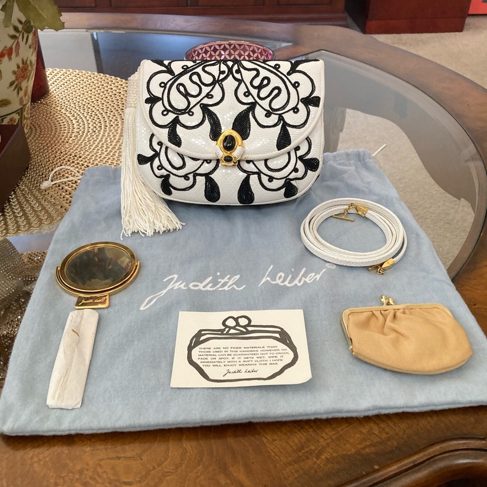 Pre-Loved Authentic Judith Leiber White Karung/Black Embroidery Handbag
